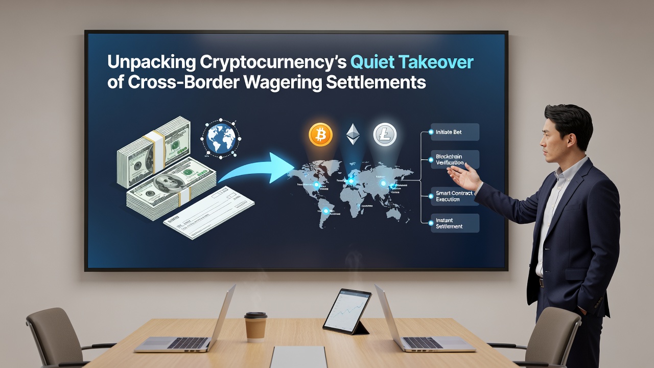 Global wagering settlement dashboard showing cryptocurrency transaction volumes and regional adoption rates